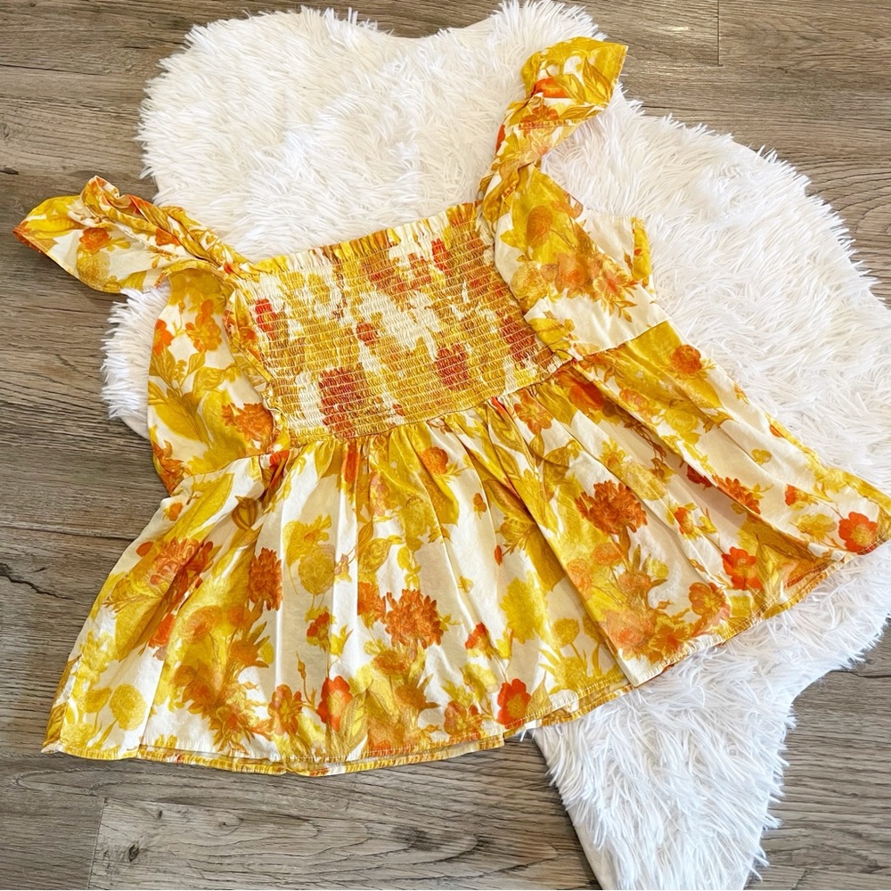 Rose + Olive Floral Smocked Top Ruffle Flower Child Garden Party Fairy Sunset XL